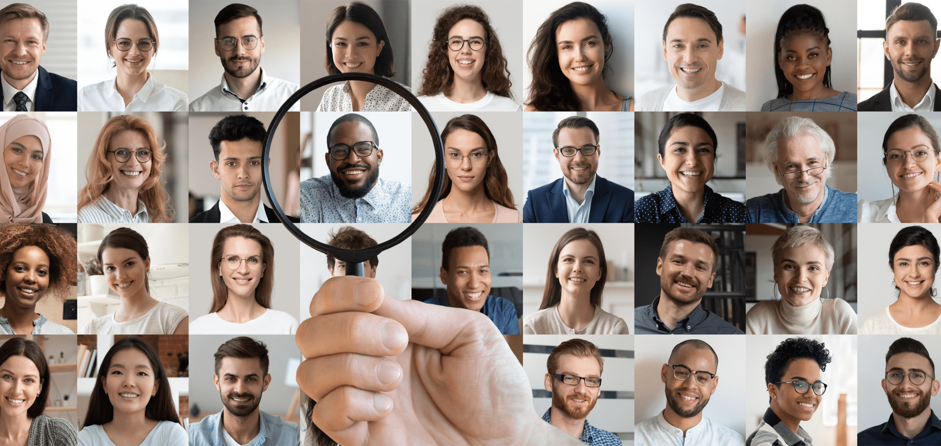 different faces in boxes with a magnifying glass over the top