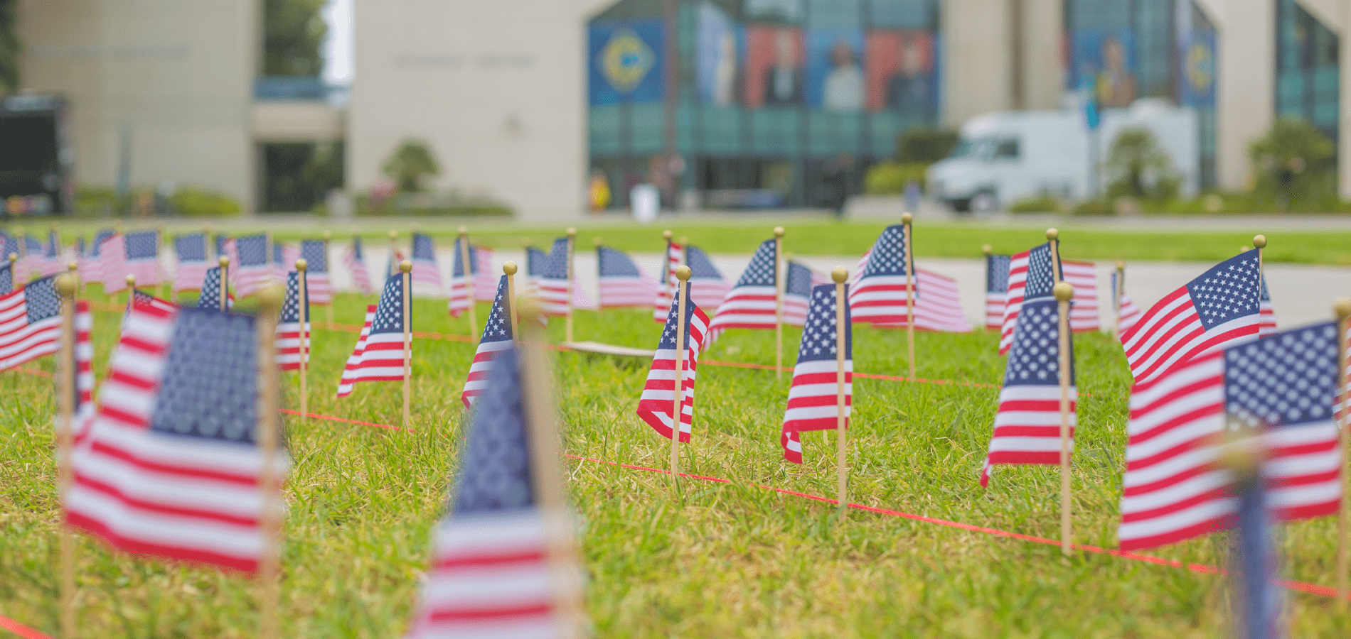 field of american flags at cypress college