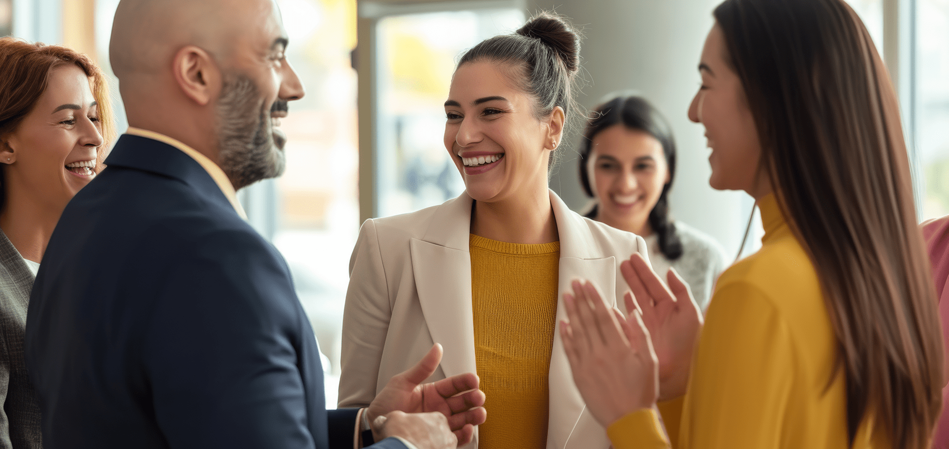 people in a group smiling and talking