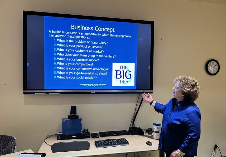 Cathleen Greiner gives a presentation at the NOCCCD Center for Entrepreneurship in Anaheim, California