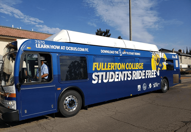 Orange County Transit bus with Fullerton Hornets wrap