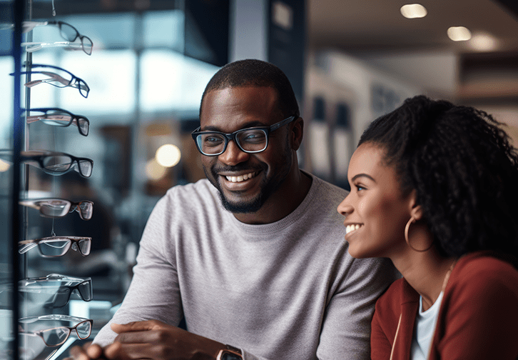 man and woman looking at an array of glasses