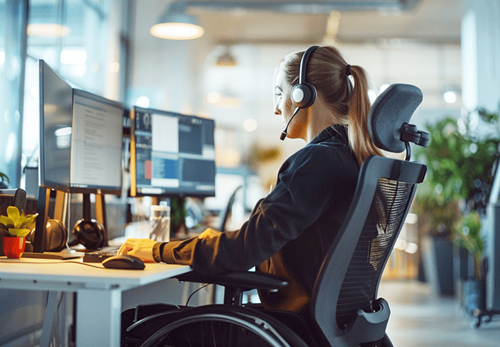 woman in wheelchair working at desk