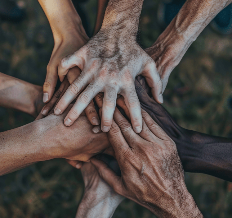 Several hands laid on top of each other in a gesture of unity