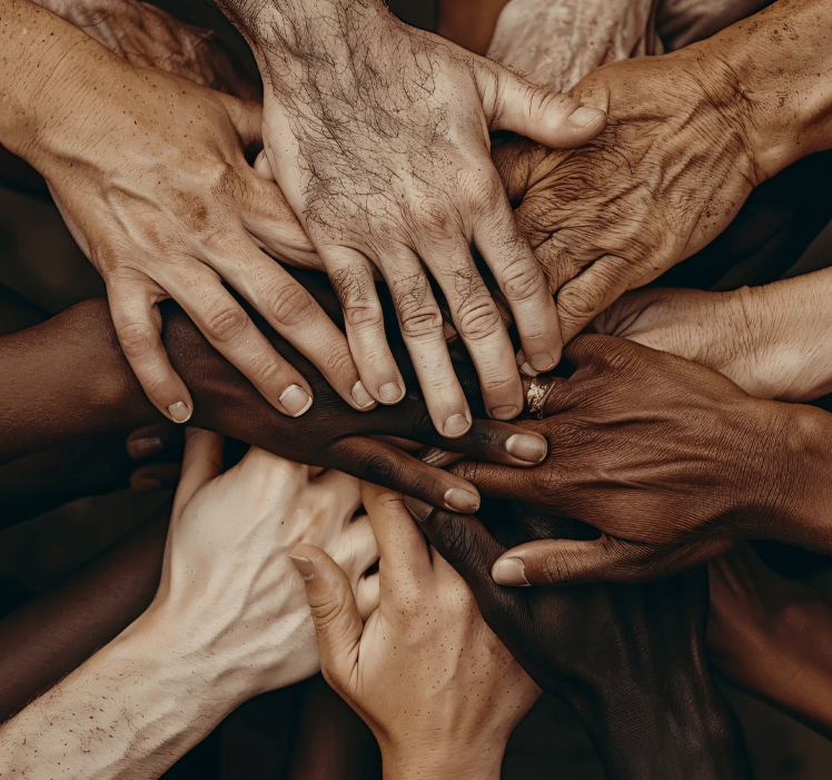 open hands of diverse ethnicity individuals stacked on top of each other in a circle