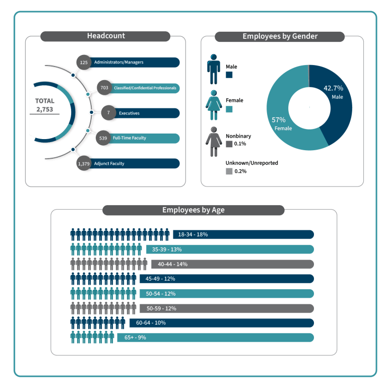 Employee demographics by headcount, gender and age. Click on caption to read data.