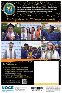 Poster advertising NOCE spring 2024 commencement 